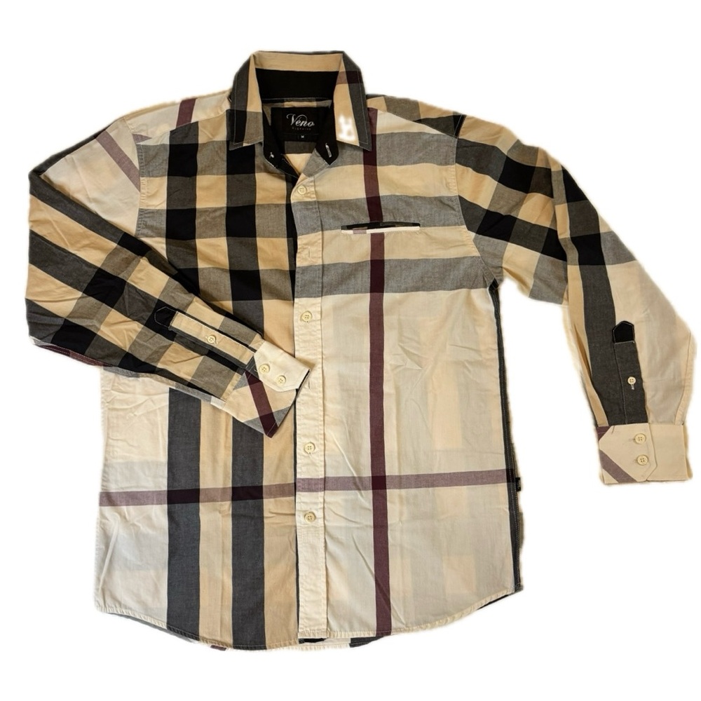 Veno Olive Plaid Big & Tall Button Down Shirt with Collar & Pocket Mens Medium.